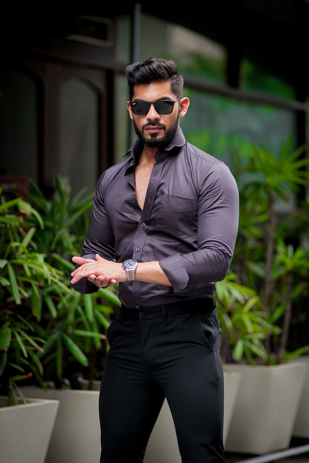 Dark Grey solid satin cotton full sleeve shirt