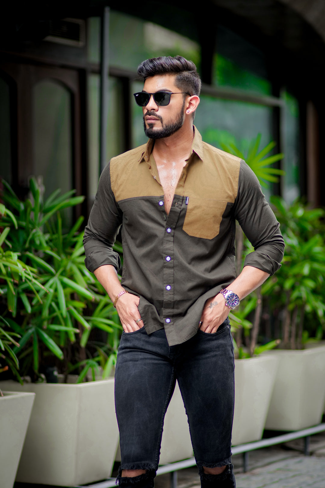 Caramel Darkgreen designer cotton full sleeve shirt