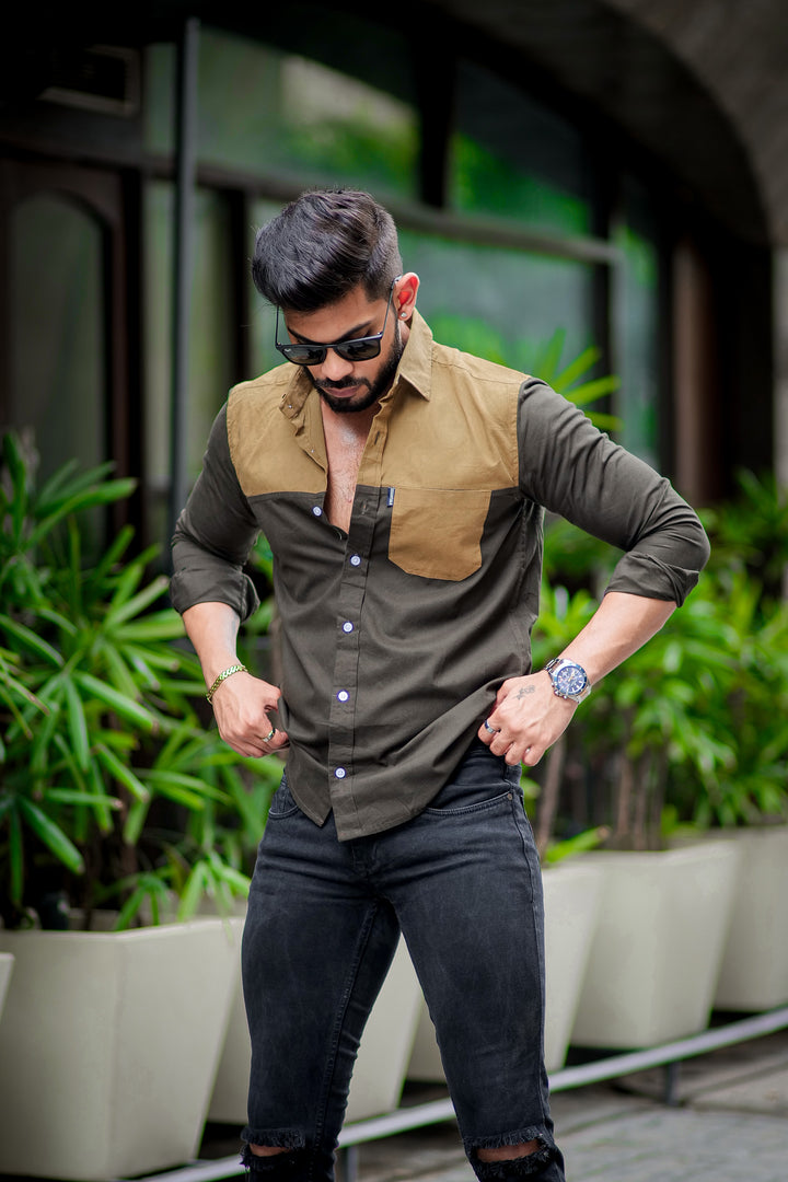 Caramel Darkgreen designer cotton full sleeve shirt