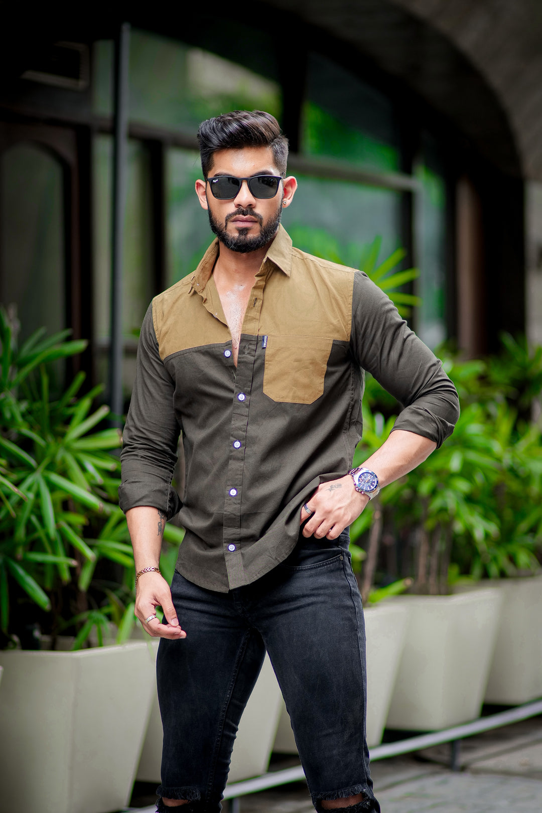 Caramel Darkgreen designer cotton full sleeve shirt