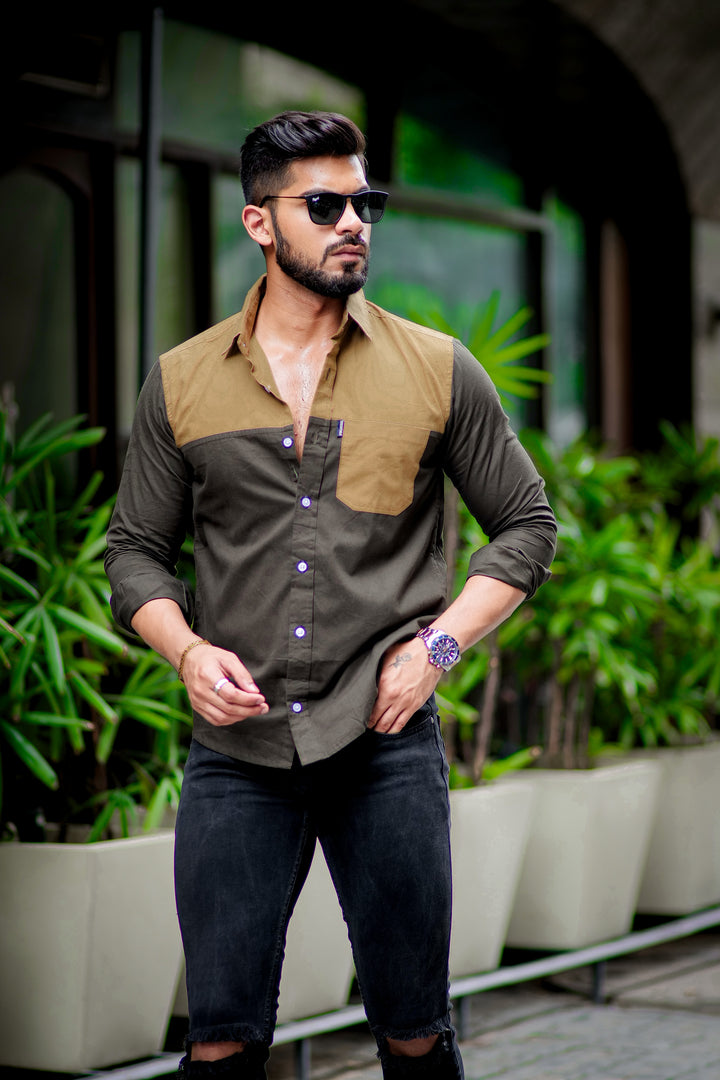 Caramel Darkgreen designer cotton full sleeve shirt