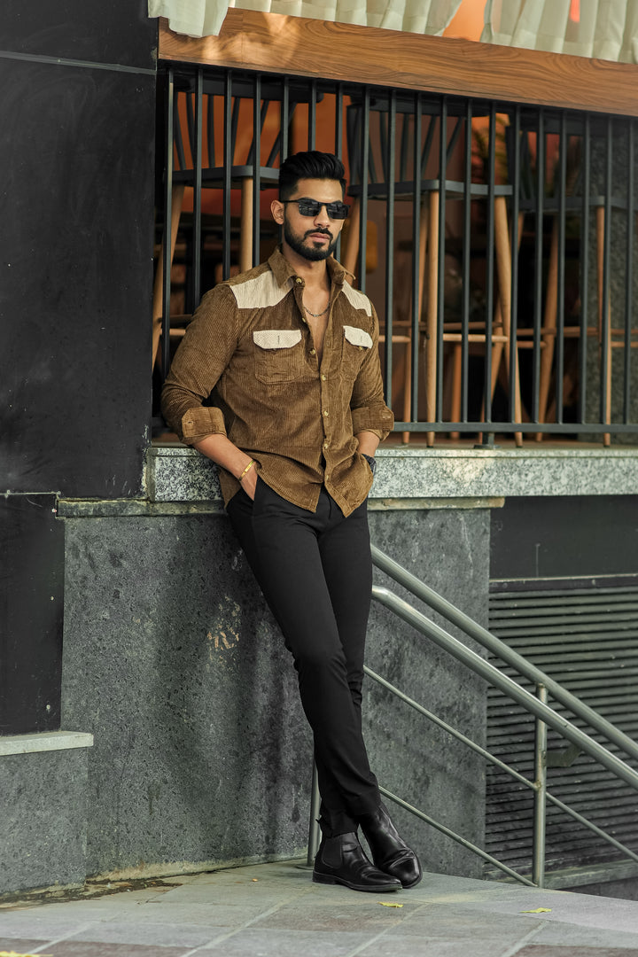 Mustard-Camel Double Pocket Cotrise Designer Shirt