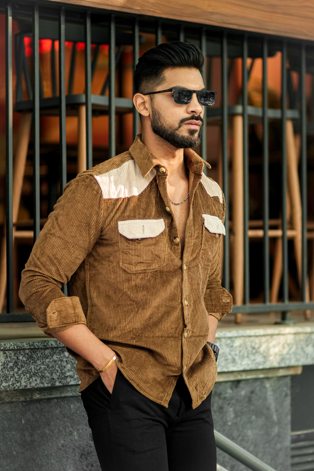 Mustard-Camel Double Pocket Cotrise Designer Shirt