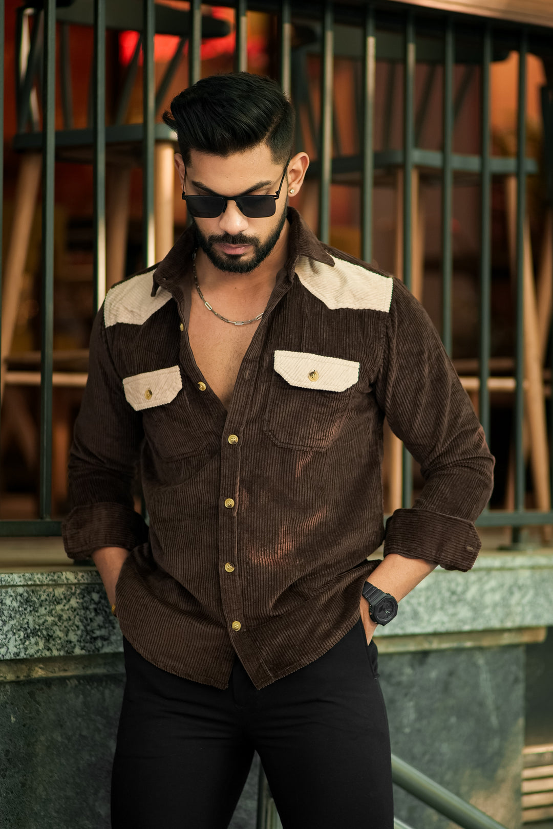 Brown-Camel Double Pocket Cotrise Designer Shirt