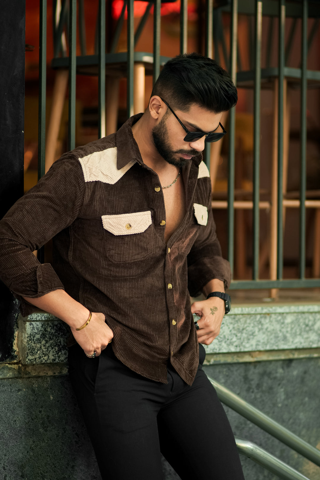 Brown-Camel Double Pocket Cotrise Designer Shirt