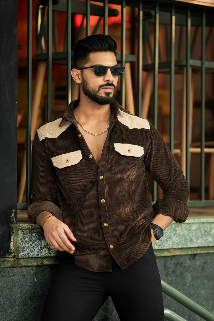 Brown-Camel Double Pocket Cotrise Designer Shirt