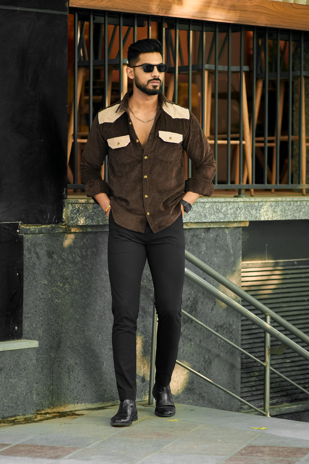 Brown-Camel Double Pocket Cotrise Designer Shirt