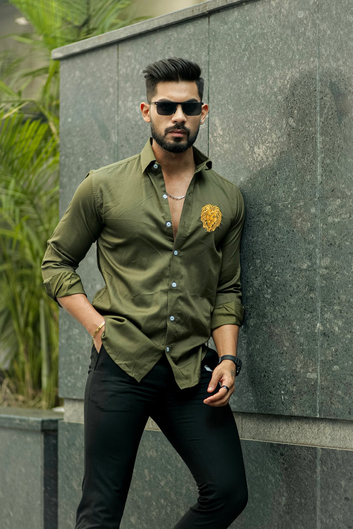 Olive green lion embroidery premium satin cotton shirt