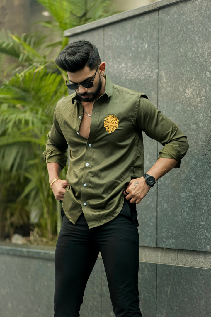 Olive green lion embroidery premium satin cotton shirt