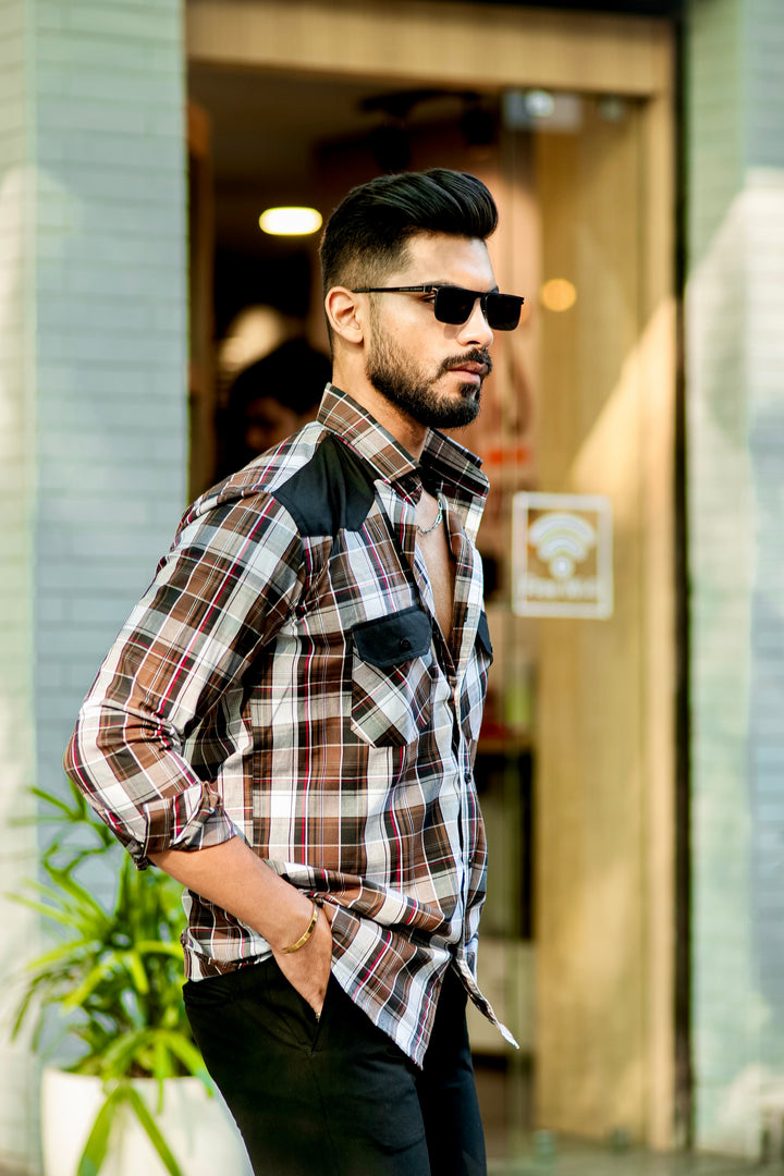 Brown Designer Double Pocket Full Sleeve Check Shirt