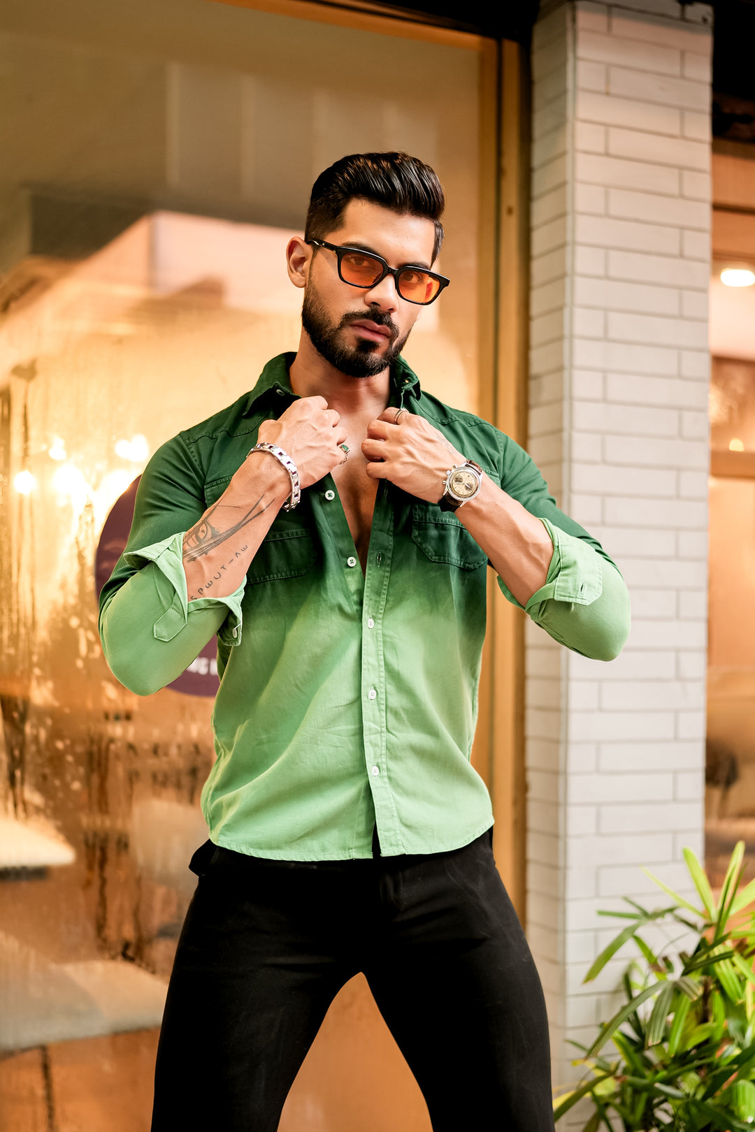 Green Double Shade Cotton RFD Designer Shirt