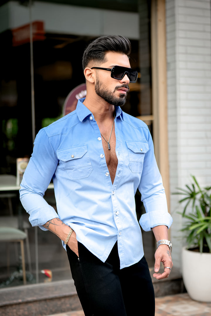 Blue Double Shade Cotton RFD Designer Shirt