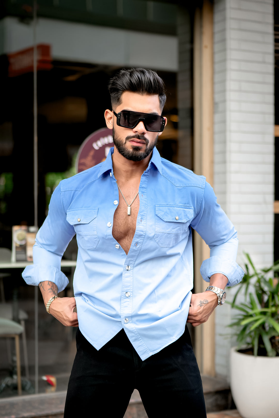 Blue Double Shade Cotton RFD Designer Shirt