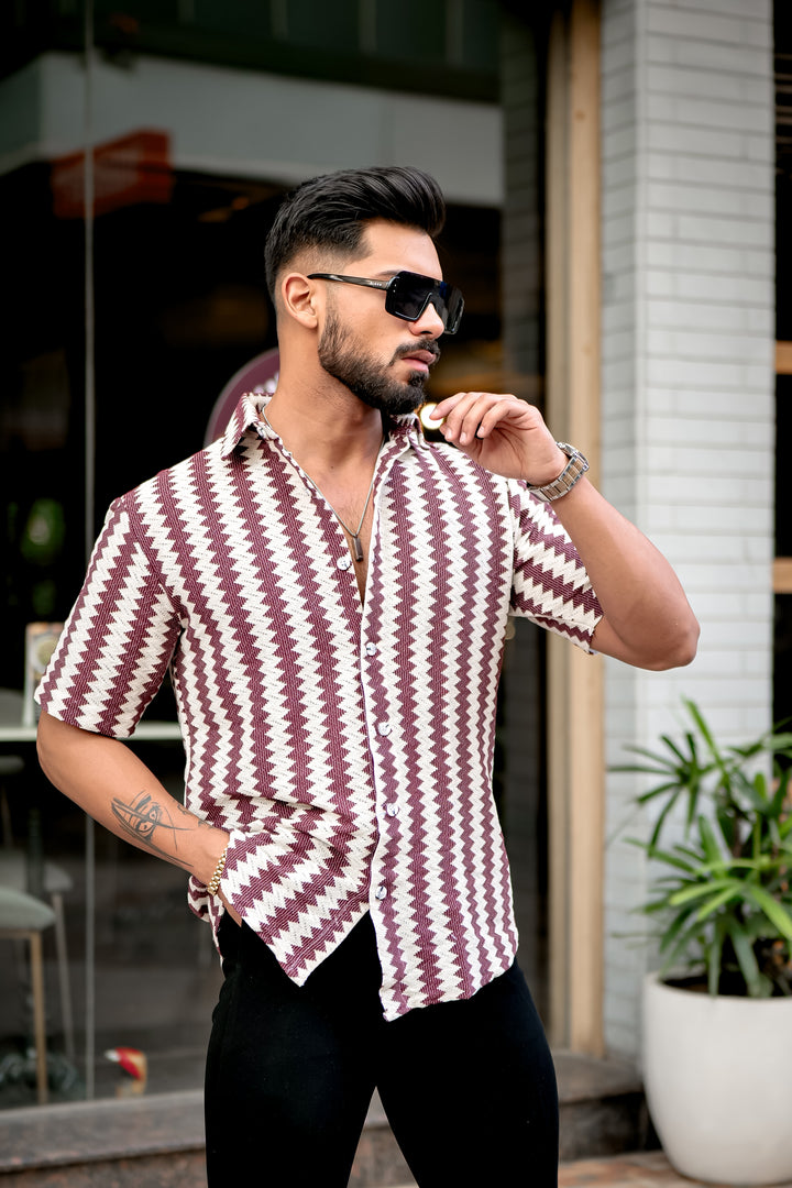 Mehroon  Striped wavy Crochet Shirt