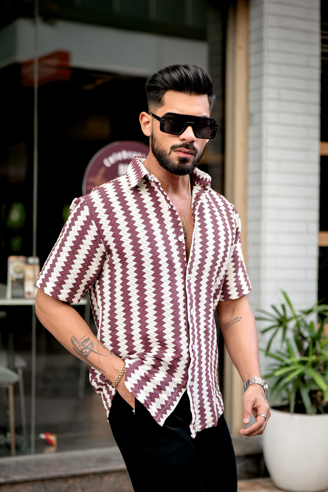 Mehroon  Striped wavy Crochet Shirt