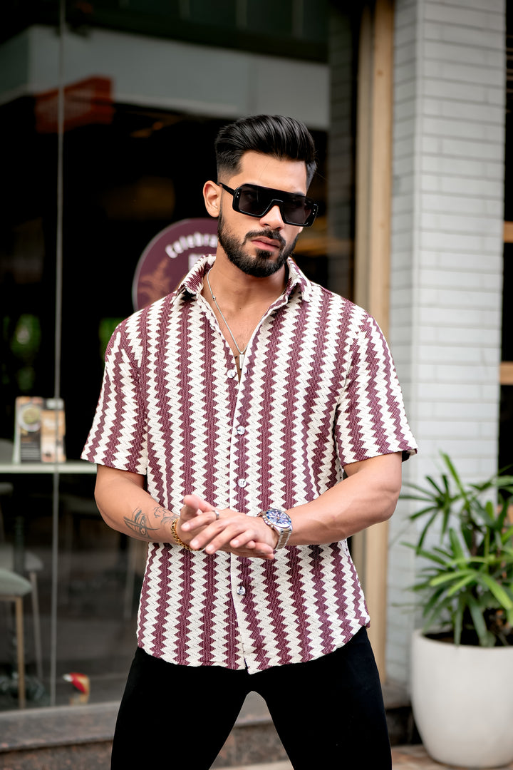 Mehroon  Striped wavy Crochet Shirt