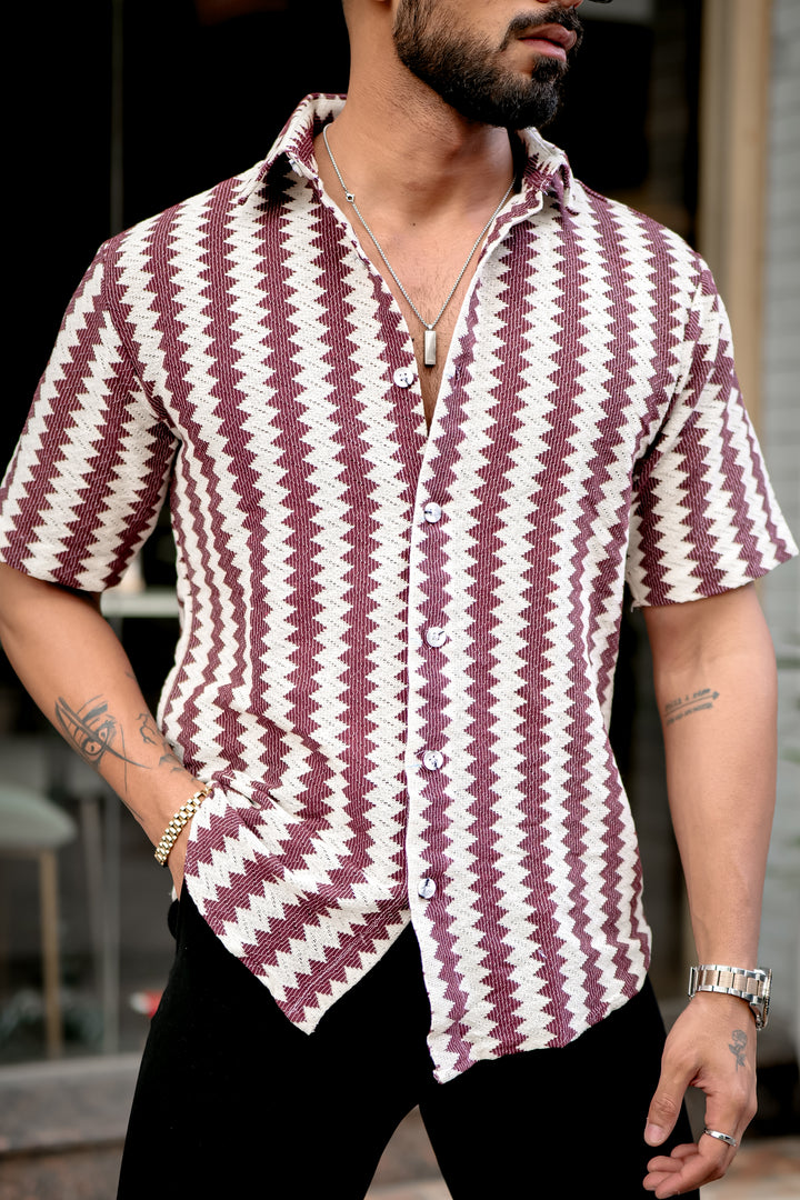 Mehroon  Striped wavy Crochet Shirt