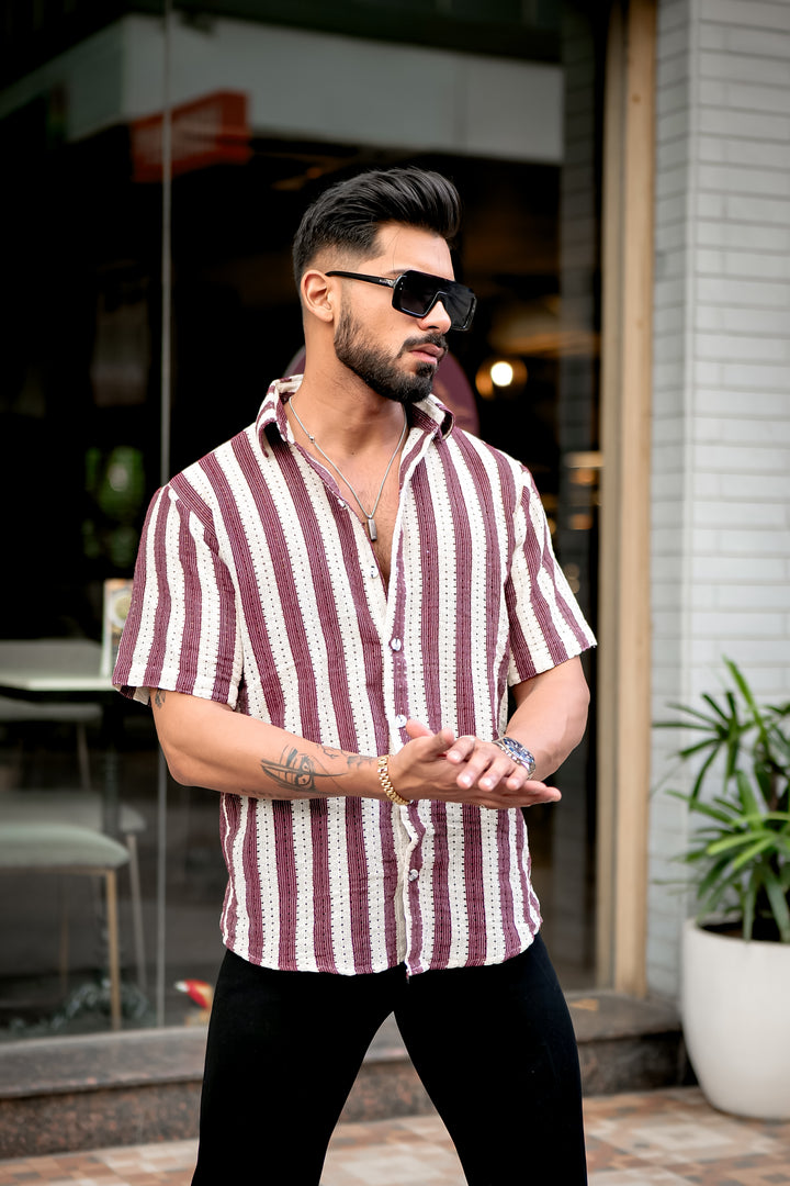 Mehroon Stripe Crochet Shirt