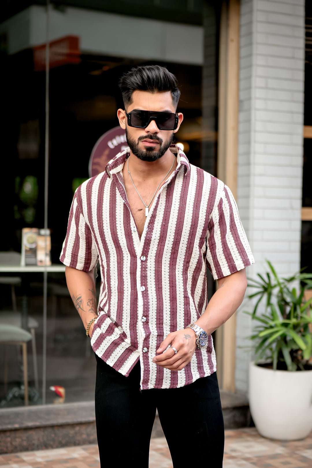 Mehroon Stripe Crochet Shirt