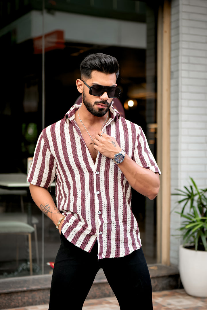 Mehroon Stripe Crochet Shirt