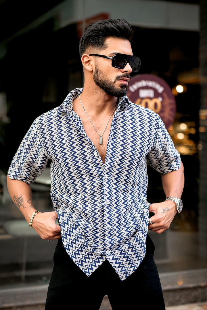 Navy Zig-Zag 1 Striped Crochet Shirt