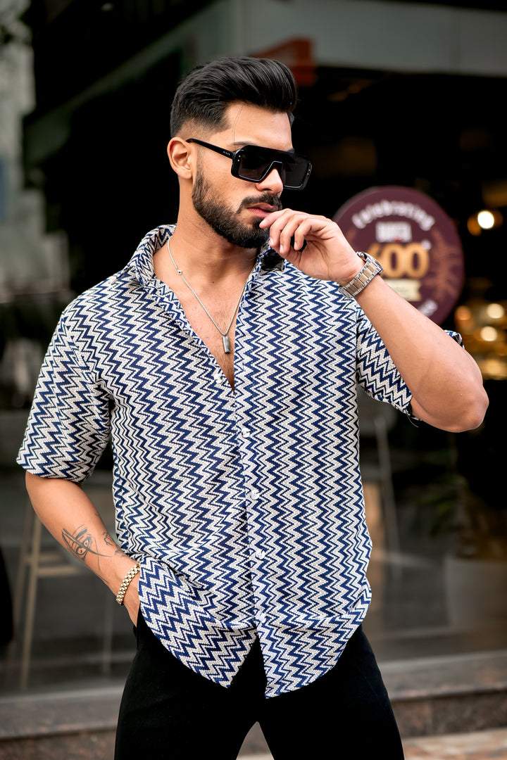 Navy Zig-Zag 1 Striped Crochet Shirt