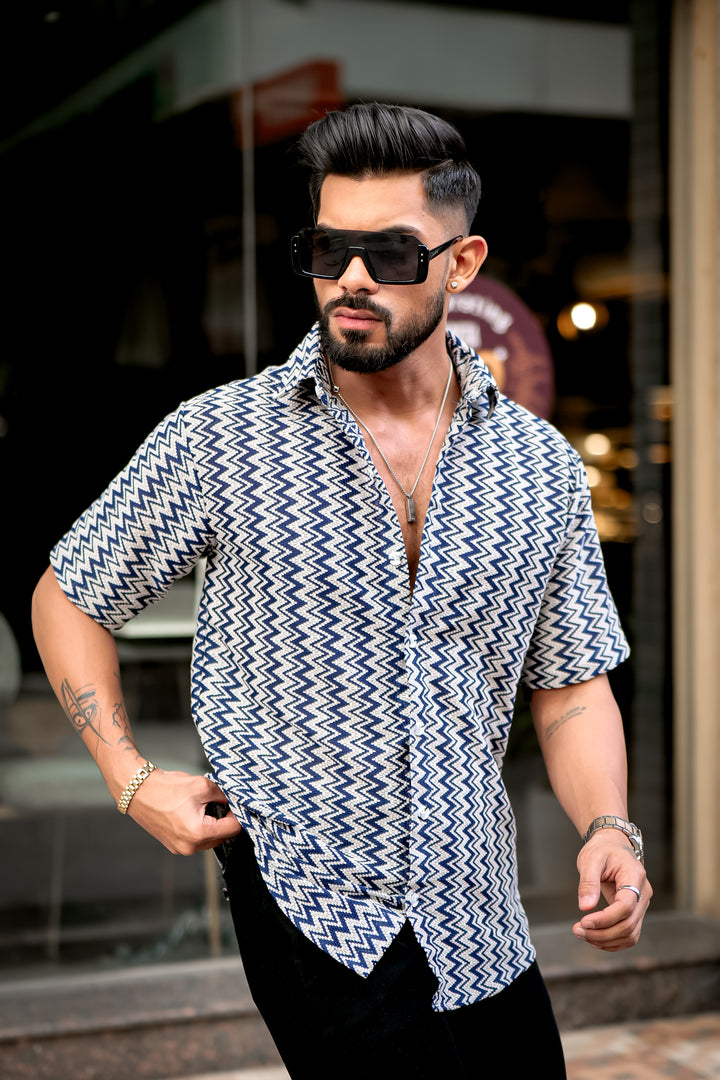 Navy Zig-Zag 1 Striped Crochet Shirt