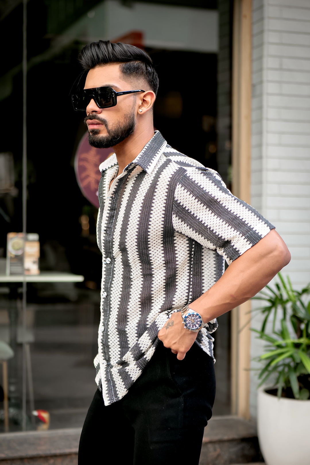 Black Stripe Crochet Shirt