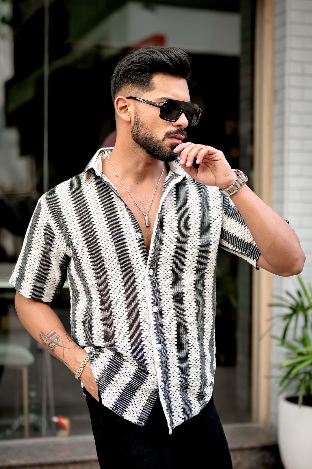 Black Stripe Crochet Shirt