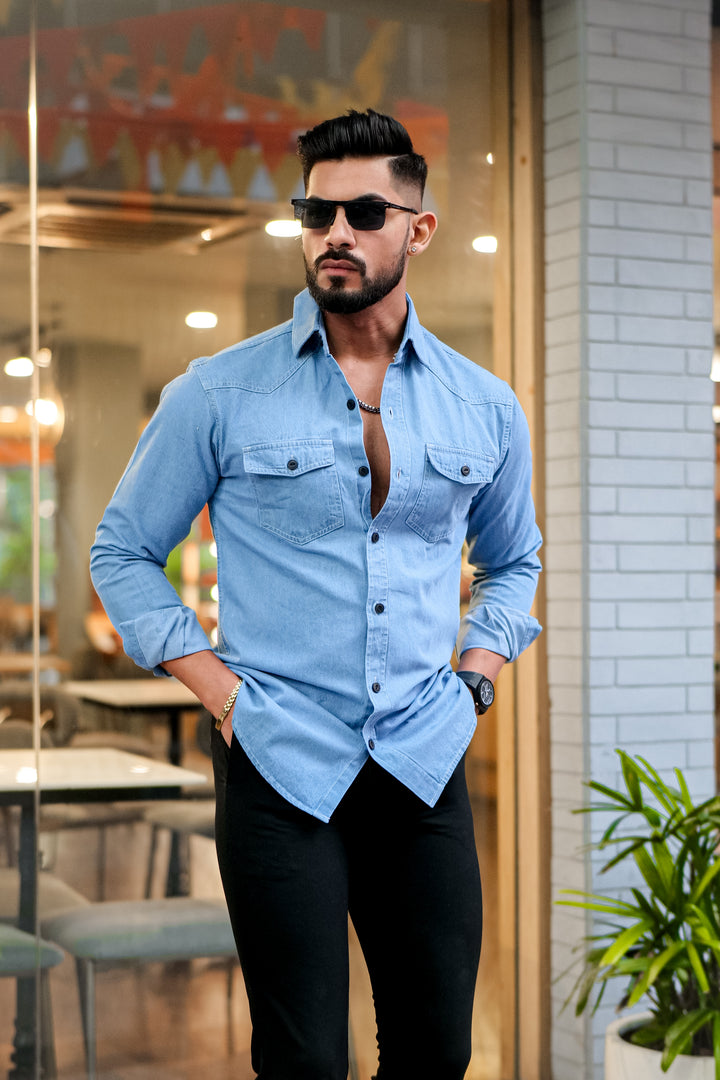 Sky Blue Denim Double Pocket Full Sleeve Shirt