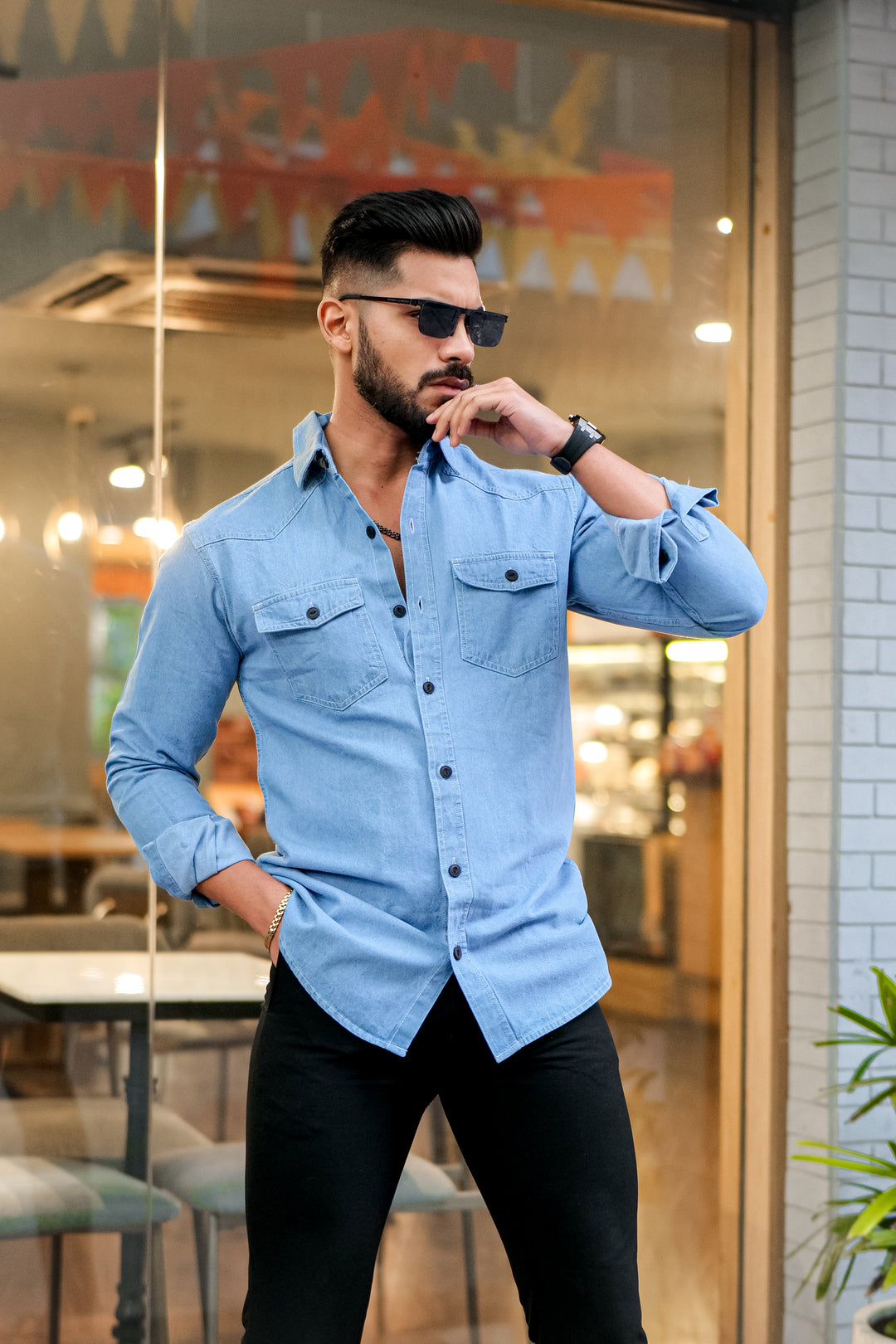 Sky Blue Denim Double Pocket Full Sleeve Shirt