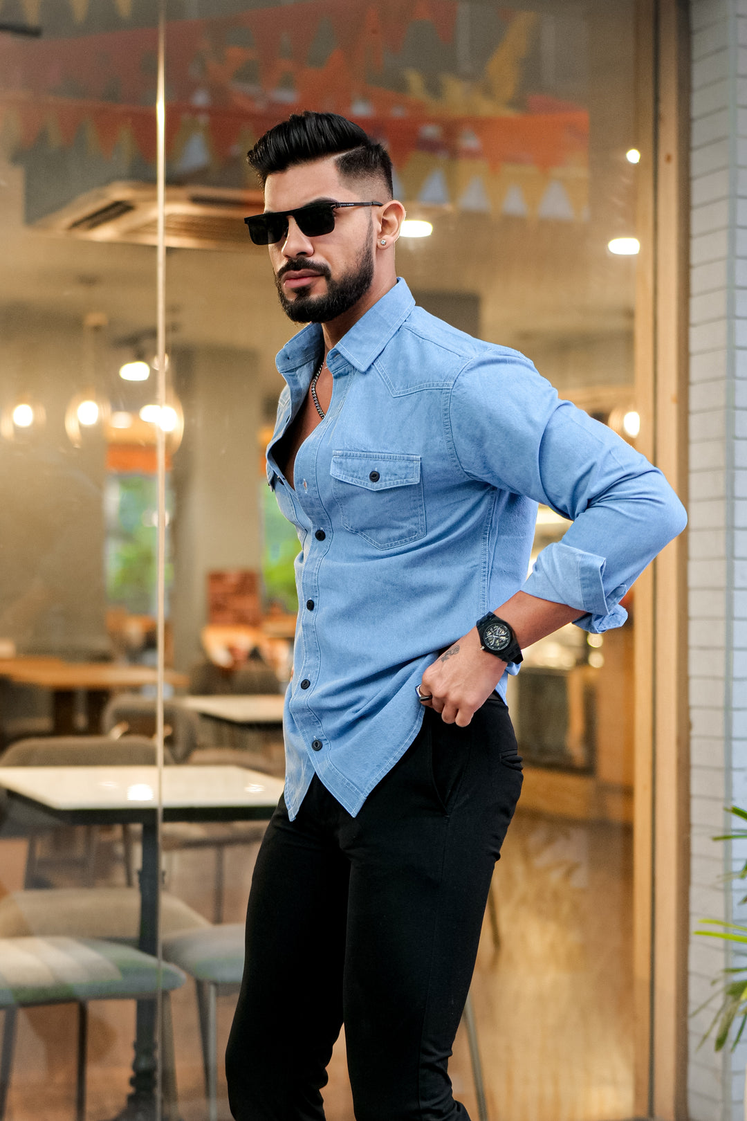 Sky Blue Denim Double Pocket Full Sleeve Shirt