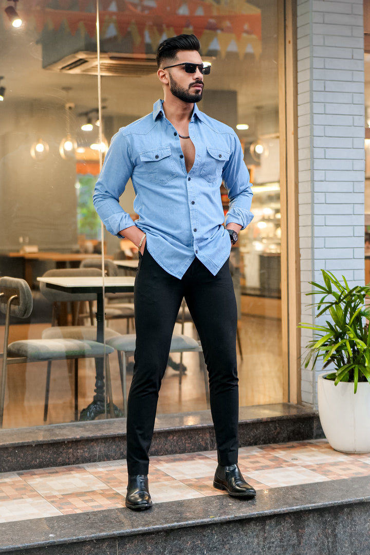 Sky Blue Denim Double Pocket Full Sleeve Shirt