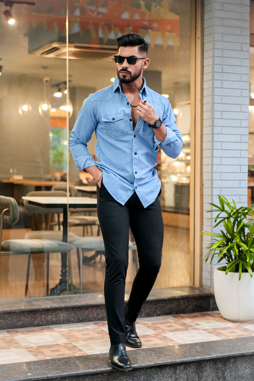 Sky Blue Denim Double Pocket Full Sleeve Shirt