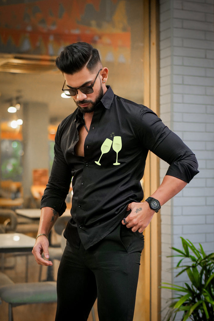 Black Club Wear Printed Satin Cotton Shirt