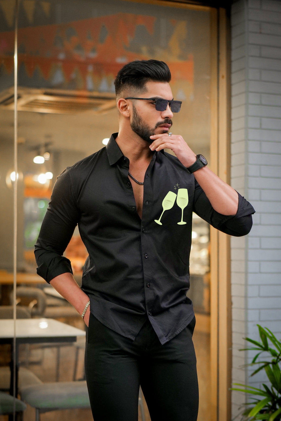 Black Club Wear Printed Satin Cotton Shirt