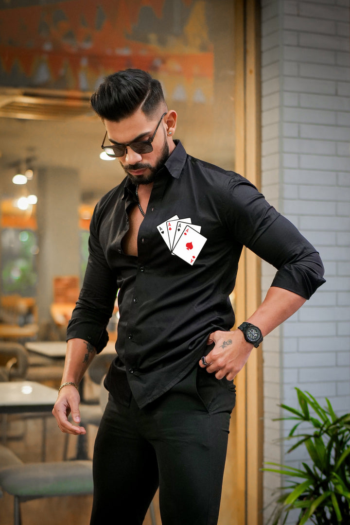 Black Club Wear Cards Printed Satin Cotton Shirt