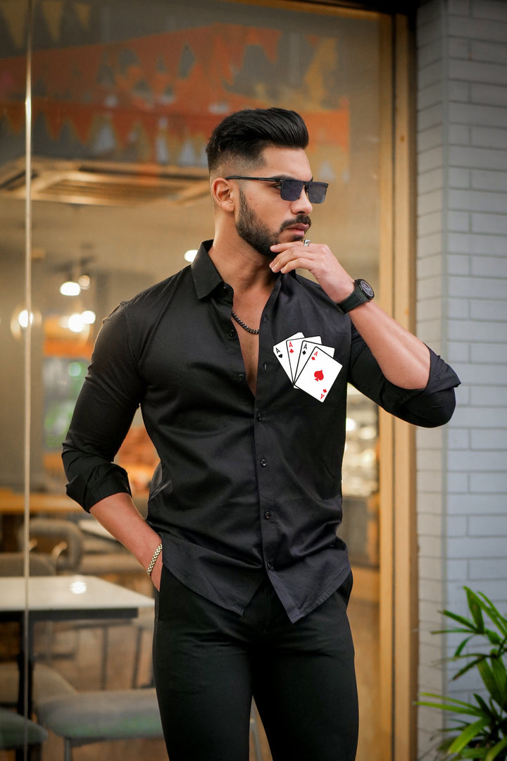 Black Club Wear Cards Printed Satin Cotton Shirt