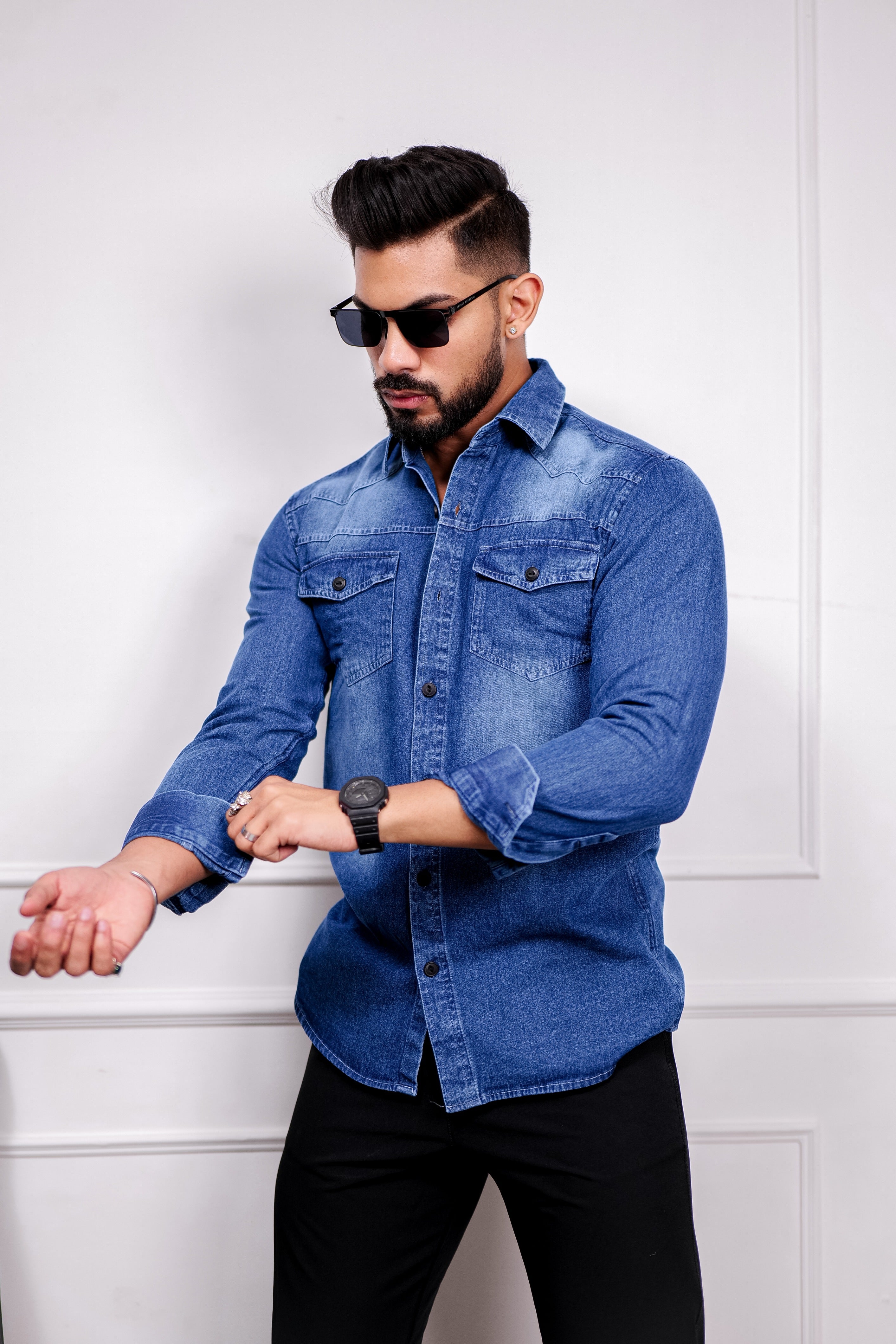 Plain Blue Denim Shirts For Men Double Pocket Collar Neck at Rs 450 in  Chennai
