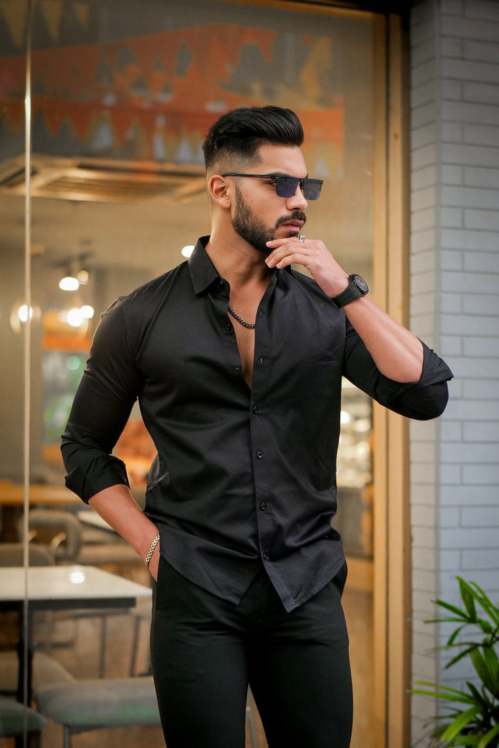 Plain Black Premium Satin Cotton Shirt [Slim-Fit]