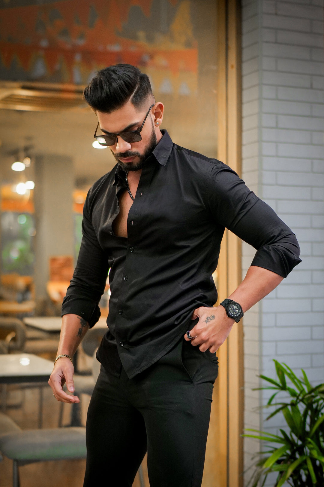 Plain Black Premium Satin Cotton Shirt [Slim-Fit]