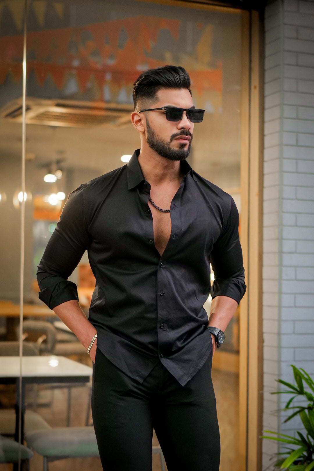 Plain Black Premium Satin Cotton Shirt [Slim-Fit]